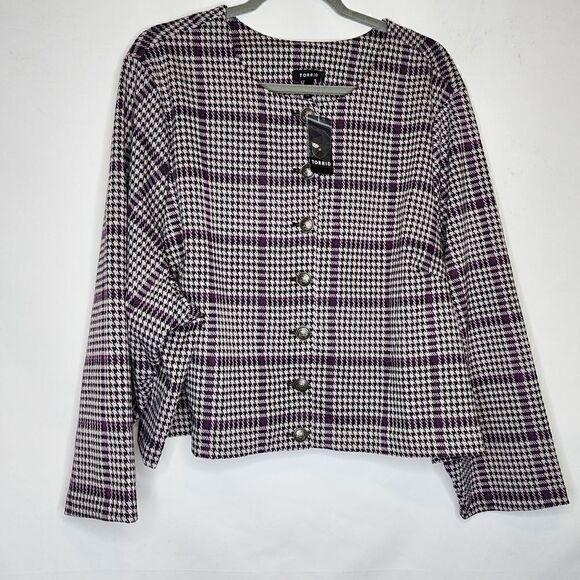 6X 30W Torrid Purple Herringbone Crop Jacket Blazer Collarless 90s Stretch Plaid - Picture 3 of 7
